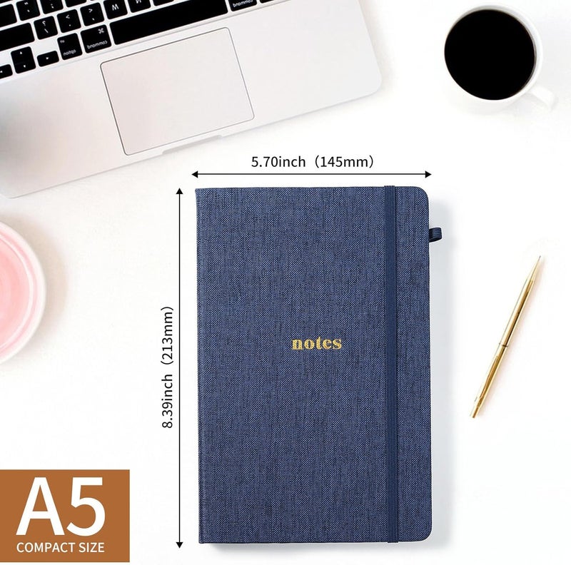 TSFPapier A5 Lined Journal Notebook – Hardcover Fabric Cover 160 Pages 100 GSM Thick Paper With Elastic Band & Pen Holder College Ruled Writing Notebooks for Work School Travel Dark Blue - Image 2